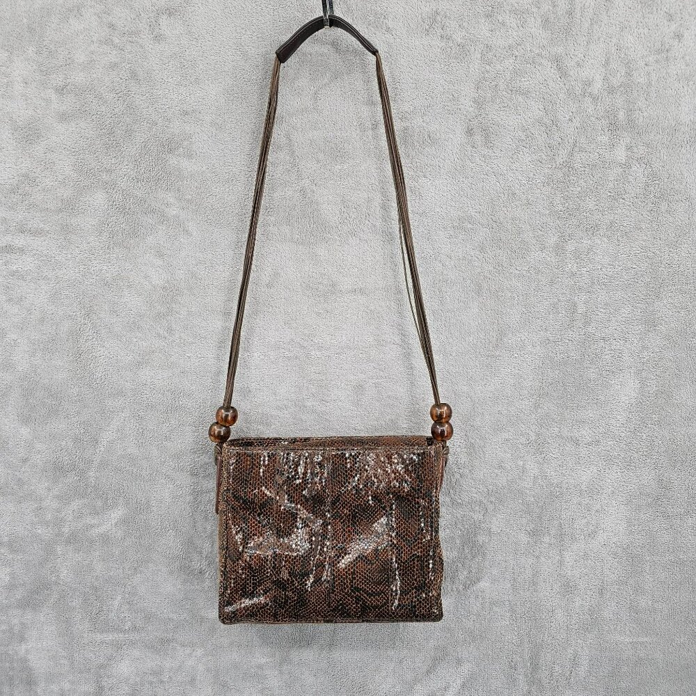 Basix New York Snake Print Textured Leather Shoulder Bag Brown Black Beads Strap